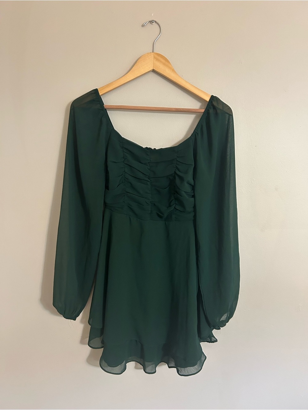 Altar'd State Dark Green Long-Sleeve Ruffled Mini Dress